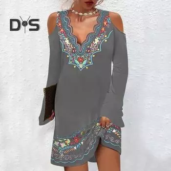 Женское ретро этническое платье с принтом мини-платье с волнистым V-образным вырезом и открытыми плечами, расклешенное, с длинным рукавом, свободного кроя, повседневное платье в уличном стиле L темно-синий