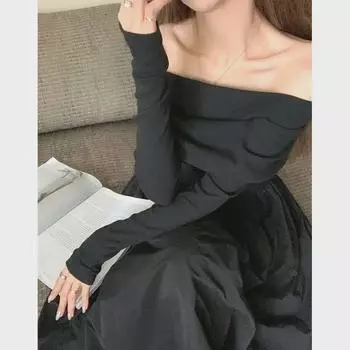 Женское ретро черное длинное платье на одно плечо - осень/зима, облегающая юбка А-силуэта, нежный стиль Medium чёрный