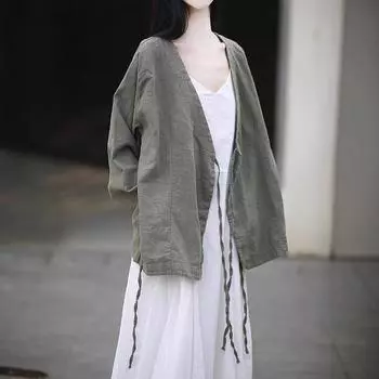 Женское ретро хлопково-льняное пальто свободного кроя с принтом тай-дай One Size