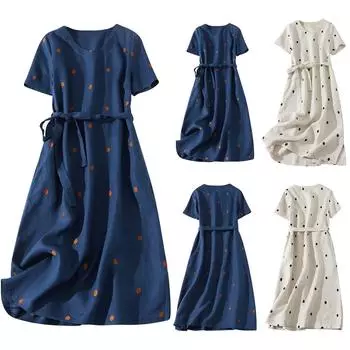 Женское ретро-хлопковое и льняное платье-юбка трапециевидной формы с круглым вырезом и волнистым принтом в горошек на шнуровке L бежевый