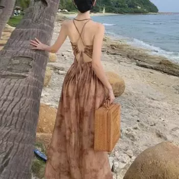 Женское ретро-кофейное платье-халтер с V-образным вырезом: Сексуальная длинная юбка А-силуэта с открытой спиной S цветочный/кофейный