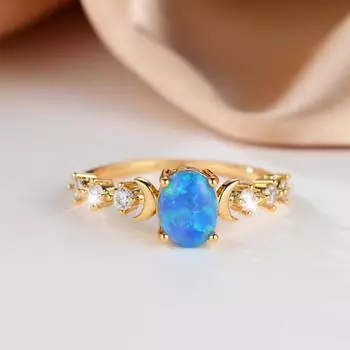 Женское ретро-кольцо с белым овальным опалом и маленькой луной, обручальное кольцо, ювелирное изделие, обручальное кольцо 6 белый