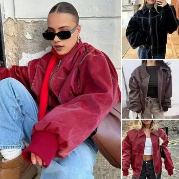 Женское ретро-пальто чистого цвета с отложным воротником, застежкой-молнией, эластичными манжетами и подолом S красный