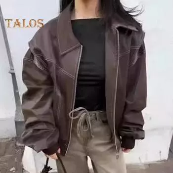 Женское ретро-пальто, однотонное, с отложным воротником, застежкой-молнией, эластичными манжетами и подолом, искусственная кожа, мотоциклетная куртка для путешествий на открытом воздухе S темно-коричневого