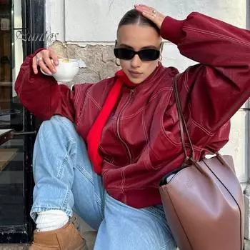 Женское ретро-пальто, однотонное, с отложным воротником, застежкой-молнией, эластичными манжетами и подолом, искусственная кожа, мотоциклетная куртка для путешествий на открытом воздухе M темно-коричневого