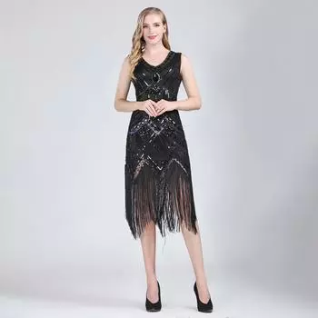 Женское ретро-платье без рукавов с пайетками и кисточками, танцевальное платье с пайетками L чёрный