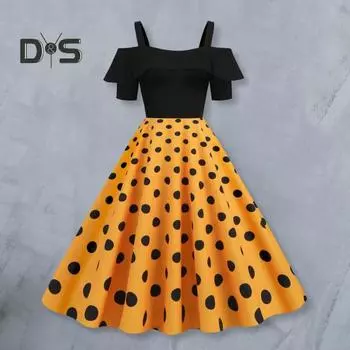 Женское ретро-платье миди с открытыми плечами, оборками на рукавах, принтом в горошек, праздничное платье в стиле пэчворк, высокая талия, вечернее платье А-силуэта 2XL жёлтый