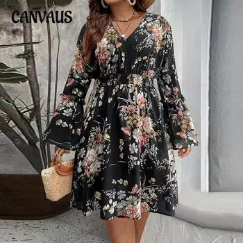 Женское ретро-платье с цветочным принтом и длинными рукавами больших размеров, осеннее свободное платье-зонтик А-силуэта 1XL темно-синий