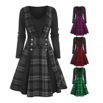 Женское ретро-платье с v-образным вырезом и длинными рукавами, пуловерное платье, готический стиль, клетчатое платье с принтом, осень-зима, искусственное платье из двух частей, женская праздничная одежда M красный
