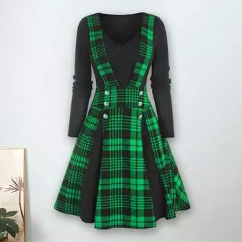 Женское ретро-платье с v-образным вырезом и длинными рукавами, пуловерное платье, готический стиль, клетчатое платье с принтом, осень-зима, искусственное платье из двух частей, женская праздничная одежда XL красный