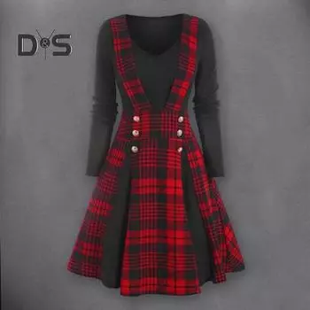 Женское ретро-платье с V-образным вырезом и длинными рукавами, платье-пуловер в готическом стиле, клетчатое платье с принтом, осенне-зимнее поддельное платье из двух частей, женская праздничная одежда XL красный