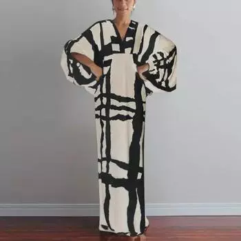 Женское ретро-платье с V-образным вырезом и рукавами средней длины с принтом - большой размер M