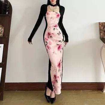 Женское ретро-платье Spice Girl с контрастным принтом, облегающее, с высокой талией и длинными рукавами S розовый