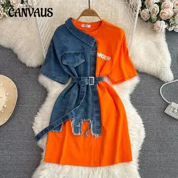 Женское ретро-платье в стиле Гонконга с поясом и круглым вырезом, джинсовая рубашка с цветными блоками, повседневное платье средней длины для весны и лета One size оранжевый