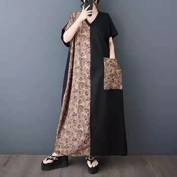 Женское ретро приталенное платье ультрамакси с коротким рукавом и цветными блоками One size