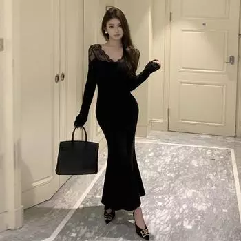 Женское ретро сексуальное обтягивающее платье с V-образным вырезом и кружевом S