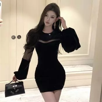 Женское ретро сексуальное платье из полого бархата с сетчатой вставкой S чёрный