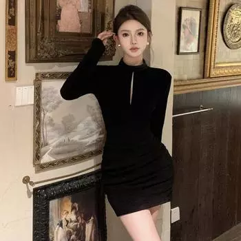 Женское ретро сексуальное плиссированное облегающее платье с длинным рукавом и запахом на бедрах S чёрный