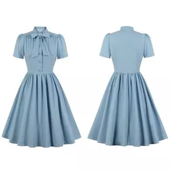 Женское ретро тонкое сплошное цветное платье с коротким рукавом и высокой талией, темпераментное платье