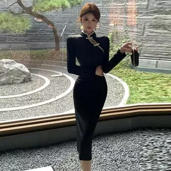 Женское ретро-улучшенное платье-чеонгсам с застежкой-пряжкой и разрезом S чёрный