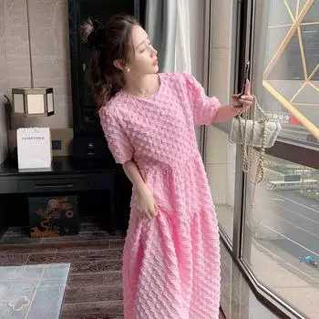 Женское романтическое омолаживающее нежно-розовое клетчатое платье-пуловер с круглым вырезом и трехмерным соляным принтом S розовый