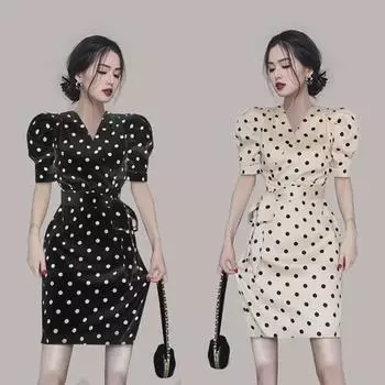 Женское роскошное облегающее платье с рукавами-фонариками и разрезом в горошек 2021 года M