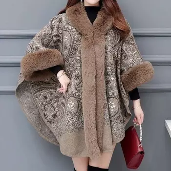 Женское роскошное пальто из искусственного меха с капюшоном, осень-зима, мягкая теплая шаль, воротник из искусственной шерсти, жаккардовые пончо one size чёрный