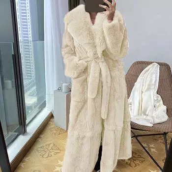 Женское роскошное пальто из искусственного меха больших размеров, теплая верхняя одежда, длинное пальто XXL бежевый
