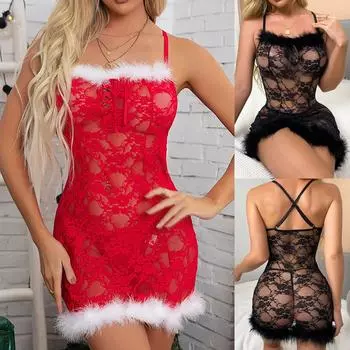 Женское рождественское кружевное нижнее белье с открытой спиной, кружевная пижама, ночная рубашка Babydoll M