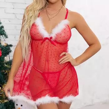 Женское рождественское нижнее белье с бантом, кружевная пижама с V-образным вырезом, ночная рубашка Babydoll XL