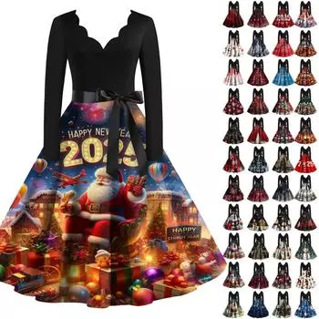 Женское рождественское платье 2025 года с принтом, V-образным вырезом и большим подолом, платье с длинными рукавами XXXL