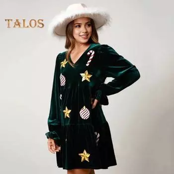 Женское рождественское платье Праздничное принт со звездами в стиле пэчворк с блестками А-силуэта Плиссированное V-образным вырезом с длинными рукавами и оборками Бархатное вечернее новогоднее мини-платье M красный