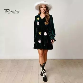 Женское рождественское платье Праздничное принт со звездами в стиле пэчворк с блестками А-силуэта Плиссированное V-образным вырезом с длинными рукавами и оборками Бархатное вечернее новогоднее мини-платье M красный