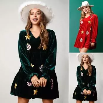 Женское рождественское платье Праздничный принт со звездами в стиле пэчворк с блестками трапециевидной формы плиссированные с v-образным вырезом и длинными рукавами с оборками из бархата M красный