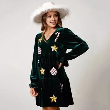 Женское рождественское платье Праздничный принт со звездами в стиле пэчворк с блестками трапециевидной формы плиссированные с v-образным вырезом и длинными рукавами с оборками из бархата XL красный