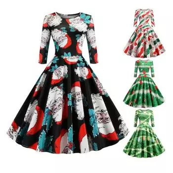 Женское рождественское платье с круглым вырезом, трапециевидной формы, свободный подол, с половиной рукавом, со средней талией, с животным принтом, большие качели, женское новогоднее вечернее платье для выпускного вечера, миди, вечернее платье 2XL темно-з