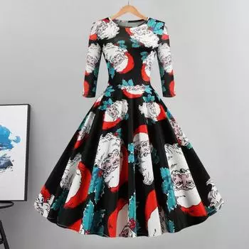 Женское рождественское платье с круглым вырезом, трапециевидной формы, свободный подол, с половиной рукавом, со средней талией, с животным принтом, большие качели, женское новогоднее вечернее платье для выпускного вечера, миди, вечернее платье 2XL темно-з