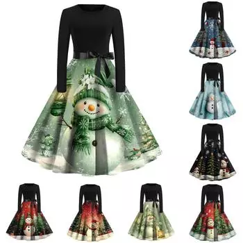 Женское рождественское платье с круглым вырезом и большим подолом, плиссированная юбка с длинными рукавами S