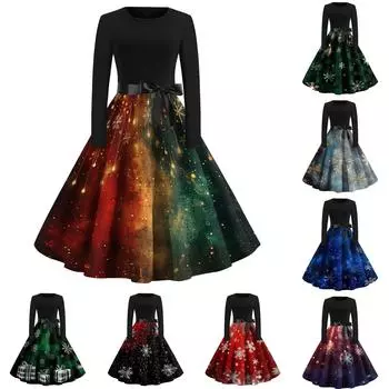 Женское рождественское платье с круглым вырезом и большим подолом, плиссированная юбка с длинными рукавами L