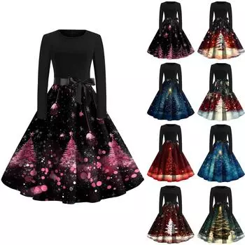 Женское рождественское платье с круглым вырезом и большим подолом, плиссированная юбка с длинными рукавами XL