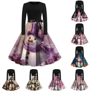 Женское рождественское платье с круглым вырезом и большим подолом, плиссированная юбка с длинными рукавами S