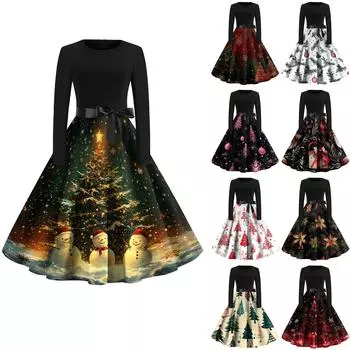 Женское рождественское платье с круглым вырезом и большим подолом, плиссированная юбка с длинными рукавами M киноварь