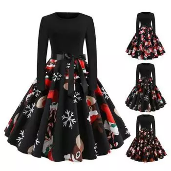 Женское рождественское платье с круглым вырезом, трапециевидной формы, свободный подол, с длинным рукавом, со средней талией, с мультяшным принтом Санта-Клауса, большие качели, леди, новогодняя вечеринка, выпускной вечер, миди, вечер M красный