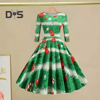 Женское рождественское платье с круглым вырезом, А-силуэтом, свободным подолом, коротким рукавом и средней талией, с принтом животных, большим качелем, женское новогоднее вечернее платье для выпускного вечера 2XL темно-зеленого