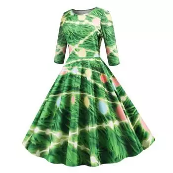 Женское рождественское платье с круглым вырезом, трапециевидной формы, свободный подол, с половиной рукавом, со средней талией, с животным принтом, большие качели, женское новогоднее вечернее платье для выпускного вечера, миди, вечернее платье 2XL темно-з