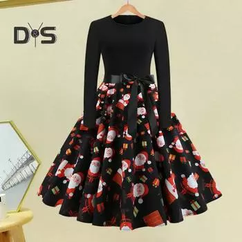 Женское рождественское платье с круглым вырезом, трапециевидной формы, свободный подол, с длинным рукавом, со средней талией, с мультяшным принтом Санта-Клауса, большие качели, леди, новогодняя вечеринка, выпускной вечер, миди, вечер L красный черный