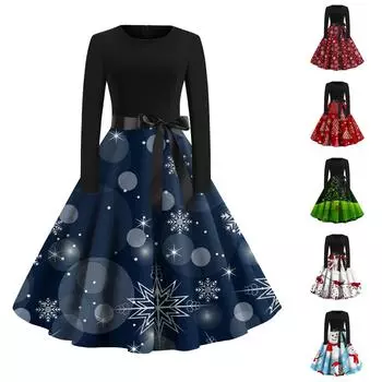 Женское рождественское платье с расклешенным принтом и длинным рукавом с круглым вырезом, вечерние повседневные платья L красный