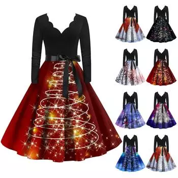 Женское рождественское платье с расклешенным принтом и длинным рукавом с круглым вырезом, вечерние повседневные платья L чёрный