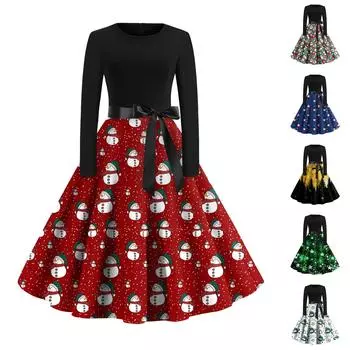 Женское рождественское платье с расклешенным принтом и длинным рукавом с круглым вырезом, вечерние повседневные платья L синий