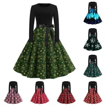 Женское рождественское платье с расклешенным принтом и длинным рукавом с круглым вырезом, вечерние повседневные платья L зелёный